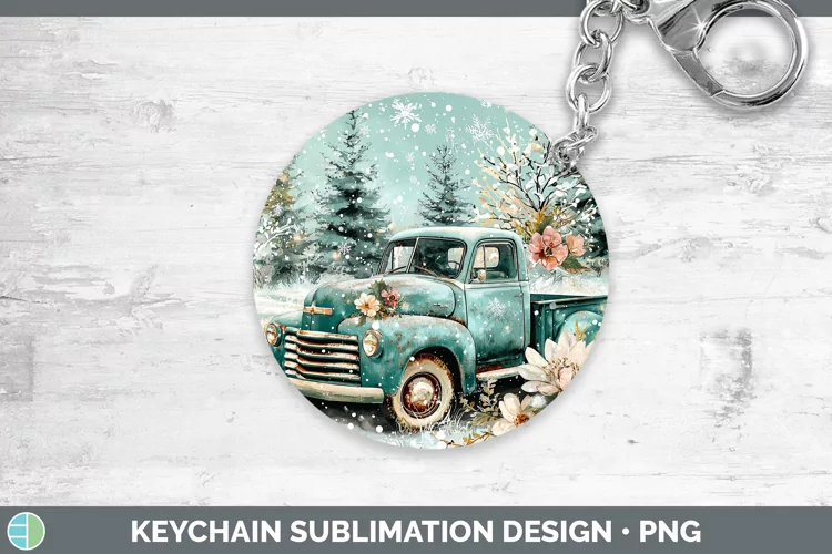 Teal Christmas Vintage Truck Keychain Sublimation Keyring De