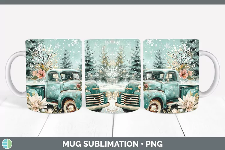 Teal Christmas Vintage Truck Mug Wrap Sublimation Coffee Cup