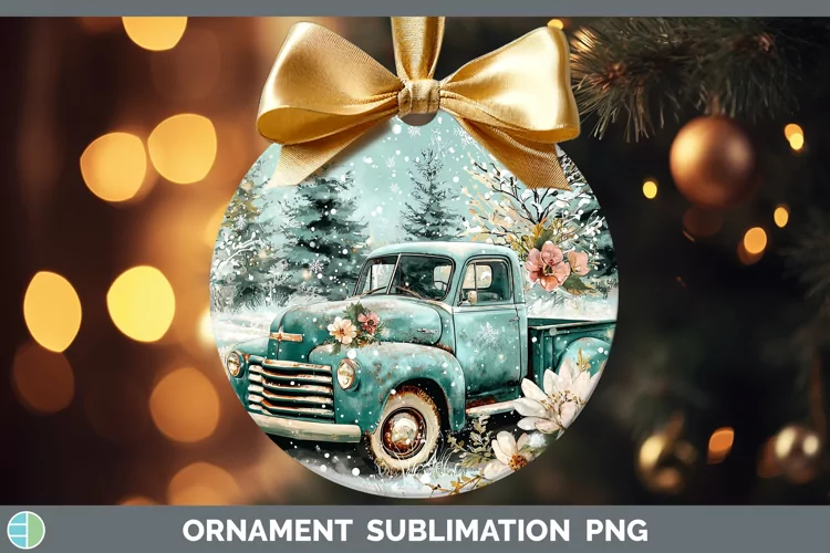 Teal Christmas Vintage Truck Ornament Sublimation Bauble Des