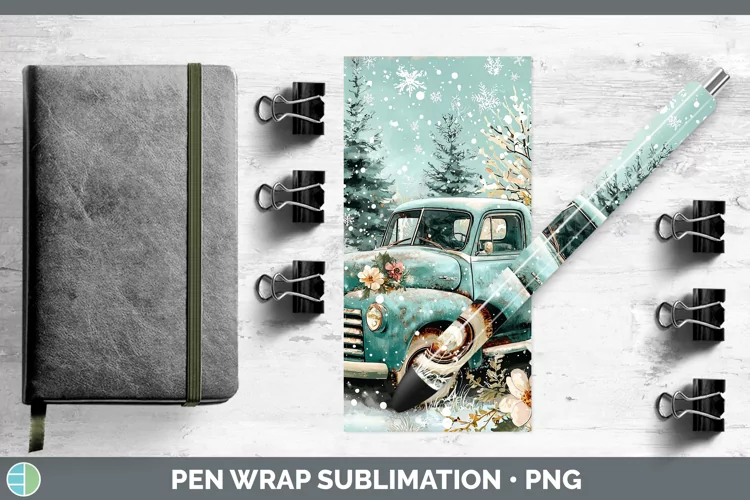 Teal Christmas Vintage Truck Pen Wrap Sublimation Pen Design
