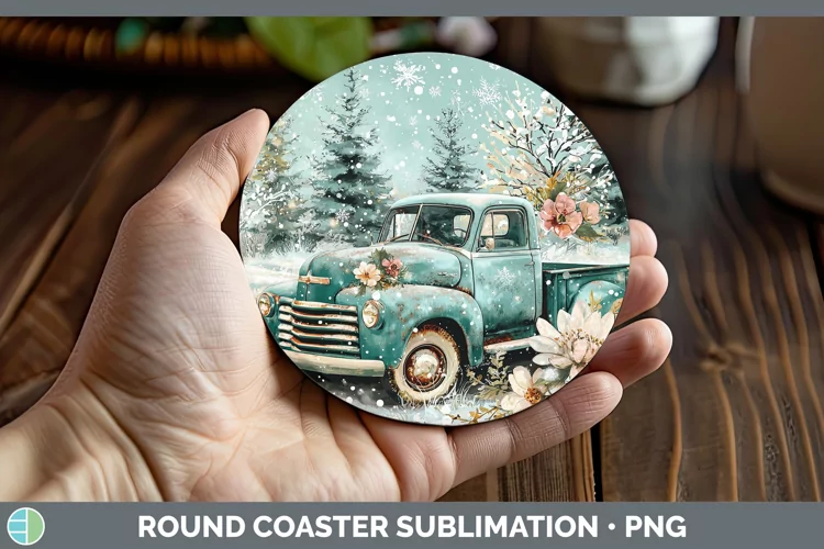Teal Christmas Vintage Truck Round Coaster Sublimation Coast