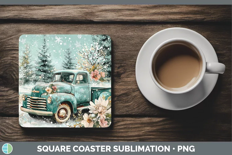 Teal Christmas Vintage Truck Square Coaster Sublimation Coas