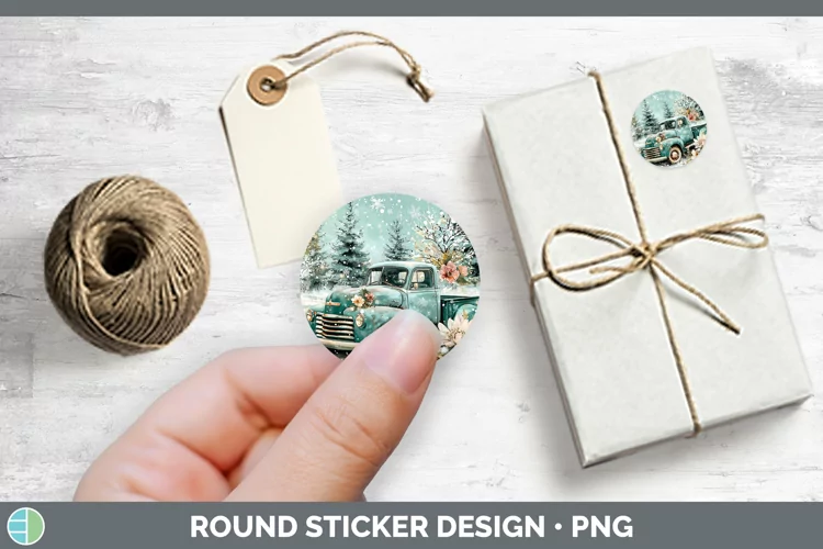 Teal Christmas Vintage Truck Stickers | Round Labels Designs
