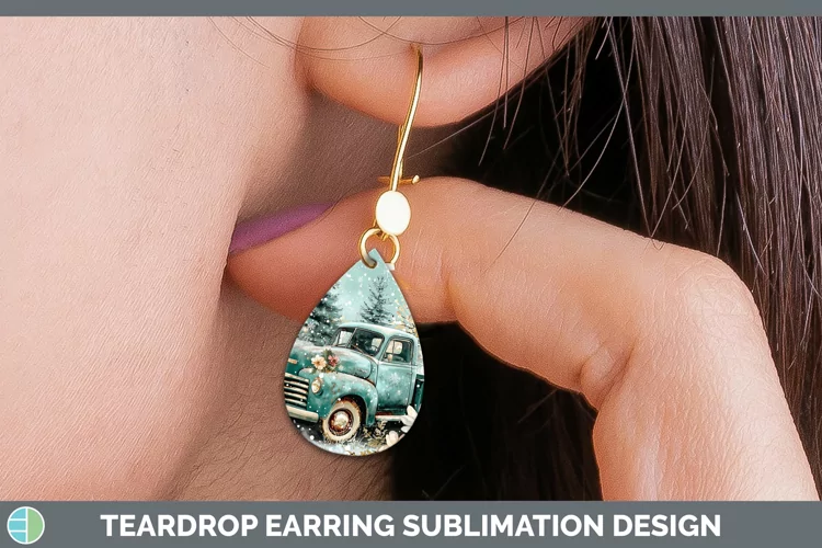 Teal Christmas Vintage Truck Teardrop Earrings Sublimation E