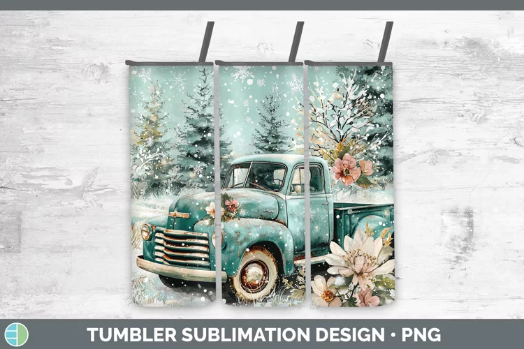 Teal Christmas Vintage Truck Tumbler Sublimation 20 oz Skinn