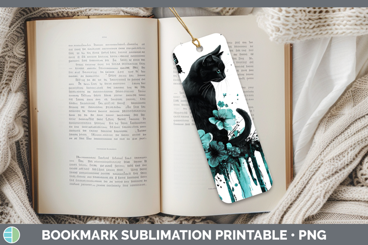 Teal Drips Black Cat Bookmark Sublimation Printable Designs