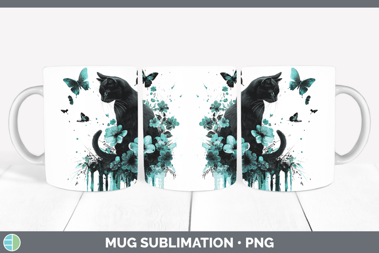 Teal Drips Black Cat Mug Wrap Sublimation Coffee Cup Designs