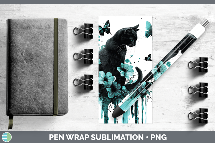 Teal Drips Black Cat Pen Wrap Sublimation Pen Designs