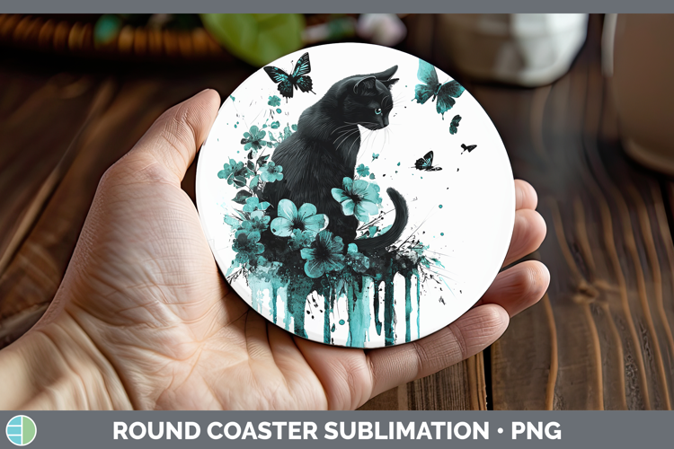 Teal Drips Black Cat Round Coaster Sublimation Coaster Desig
