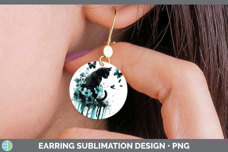 Teal Drips Black Cat Round Earrings Sublimation Earrings Des