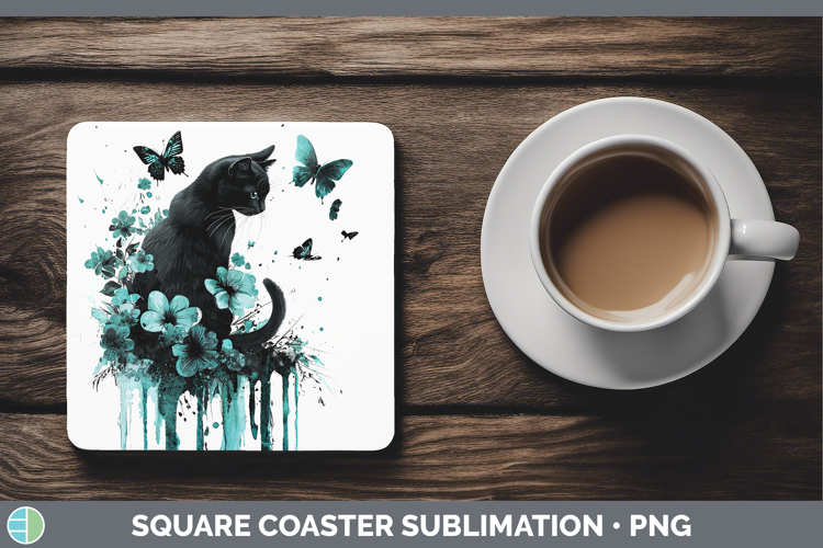 Teal Drips Black Cat Square Coaster Sublimation Coaster Desi