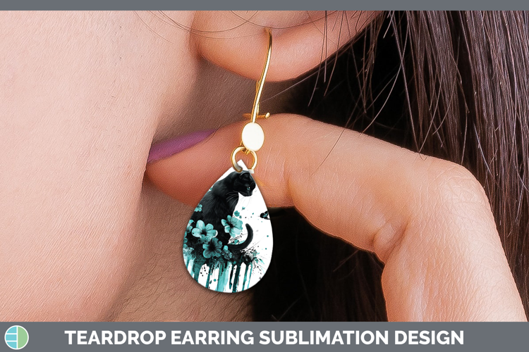Teal Drips Black Cat Teardrop Earrings Sublimation Earrings
