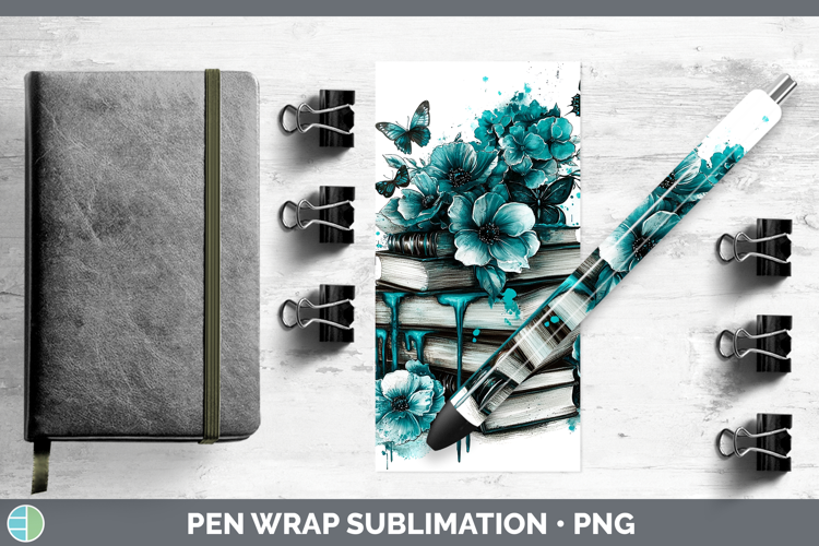 Teal Drips Book Stack Pen Wrap Sublimation Pen Designs