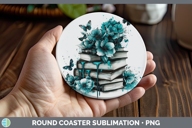 Teal Drips Book Stack Round Coaster Sublimation Coaster Desi