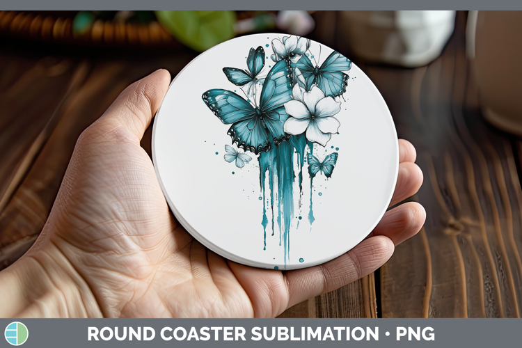 Teal Drips BS01 Butterfly Round Coaster Sublimation Coaster