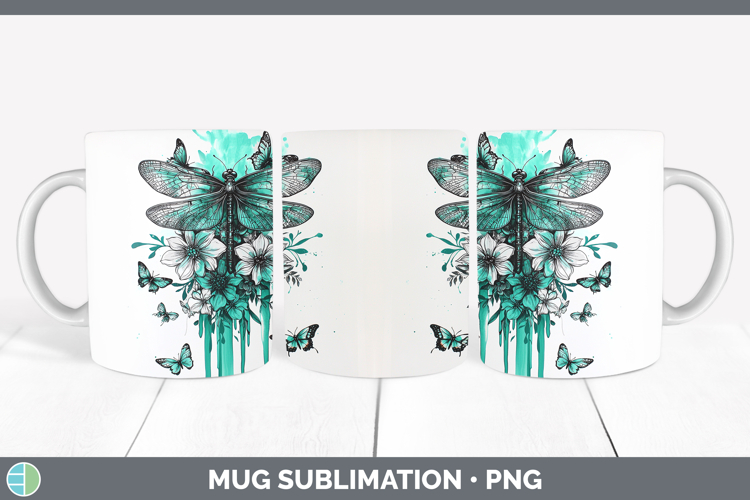 Teal Drips BS01 Dragonfly Mug Wrap Sublimation Coffee Cup De