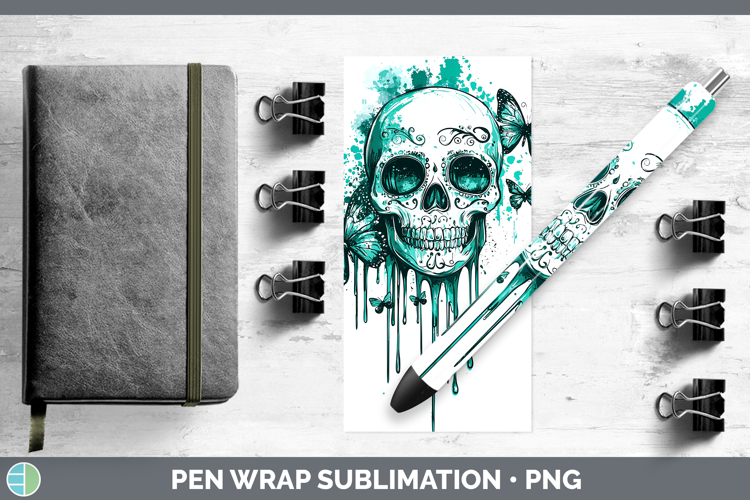 Teal Drips BS01 Sugar Skull Pen Wrap Sublimation Pen Designs
