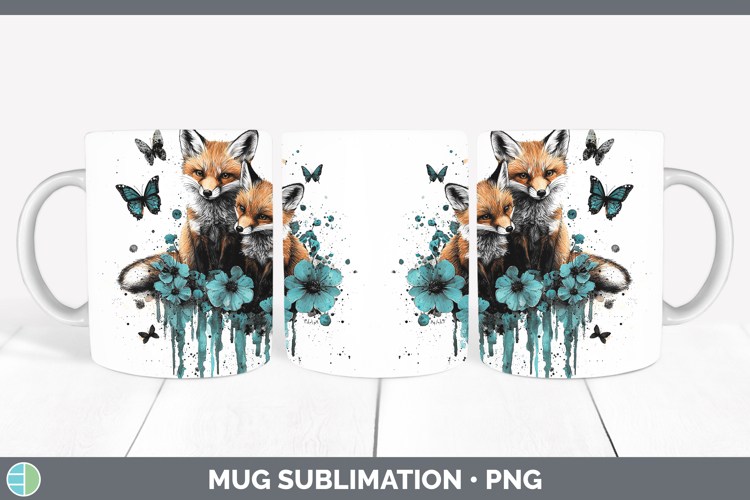 Teal Drips BS02 Fox Mug Wrap Sublimation Coffee Cup Designs