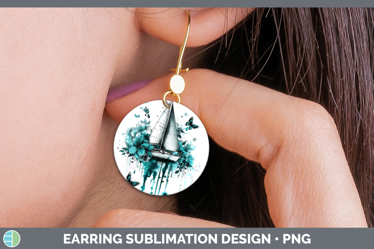Teal Drips BS02 Sail Boat Round Earrings Sublimation Earring