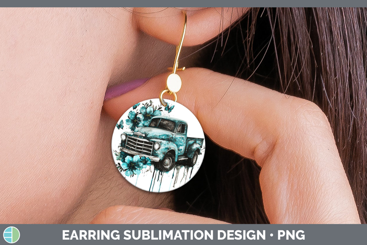 Teal Drips BS02 Vintage Truck Round Earrings Sublimation Ear
