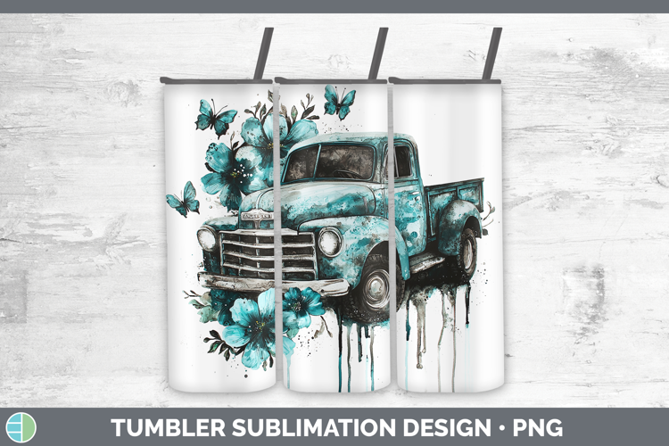 Teal Drips BS02 Vintage Truck Tumbler Sublimation 20 oz Skin
