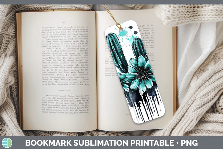 Teal Drips Cactus Bookmark Sublimation Printable Designs