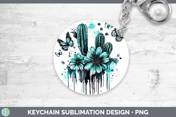 Teal Drips Cactus Keychain Sublimation Keyring Designs