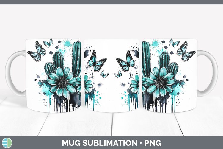 Teal Drips Cactus Mug Wrap Sublimation Coffee Cup Designs