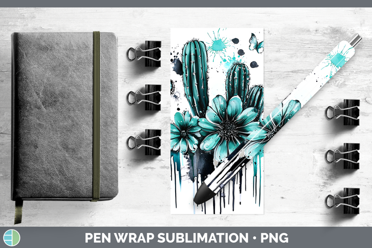 Teal Drips Cactus Pen Wrap Sublimation Pen Designs