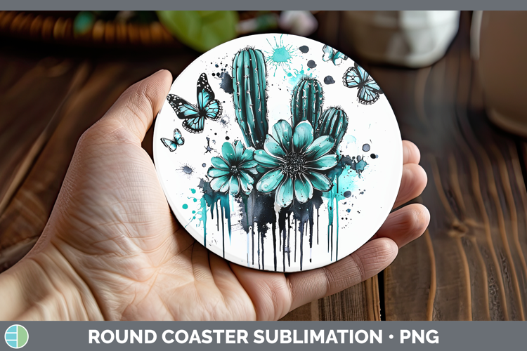 Teal Drips Cactus Round Coaster Sublimation Coaster Designs