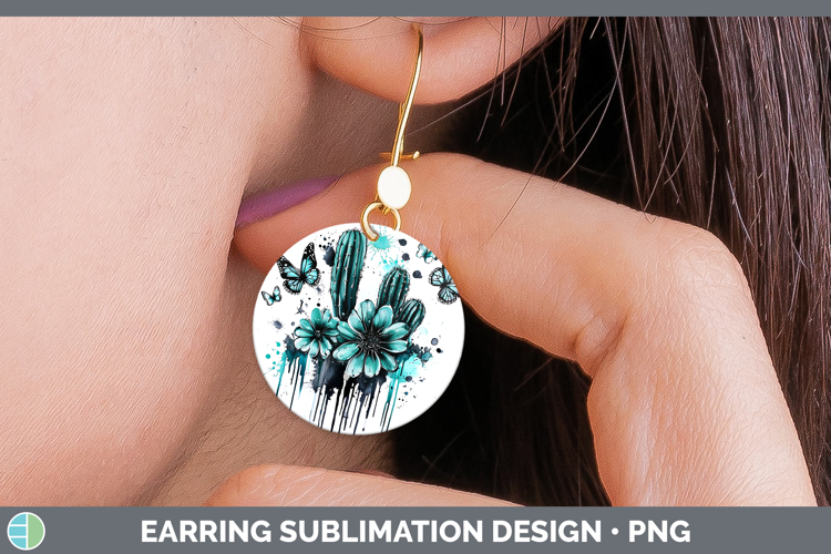 Teal Drips Cactus Round Earrings Sublimation Earrings Design
