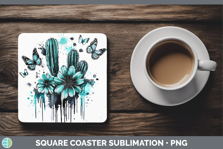 Teal Drips Cactus Square Coaster Sublimation Coaster Designs