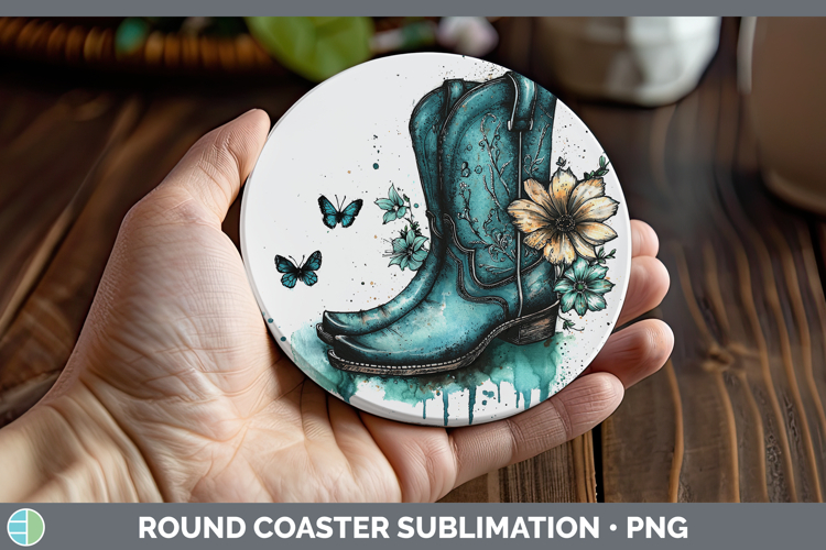 Teal Drips Cowboy Boots Round Coaster Sublimation Coaster De