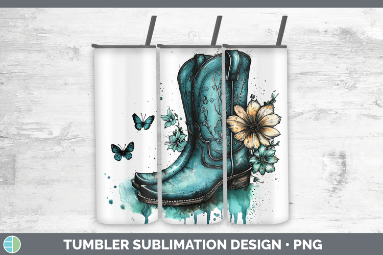 Teal Drips Cowboy Boots Tumbler Sublimation 20 oz Skinny Tum