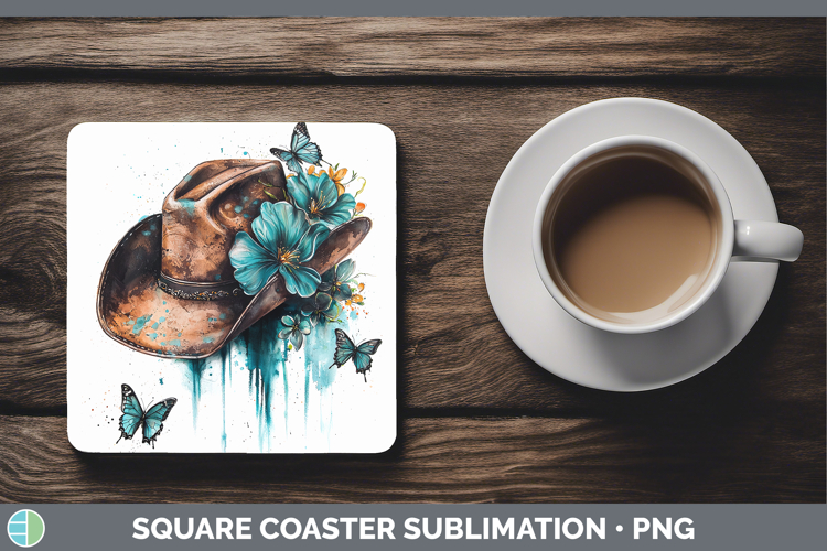 Teal Drips Cowboy Hat Square Coaster Sublimation Coaster Des