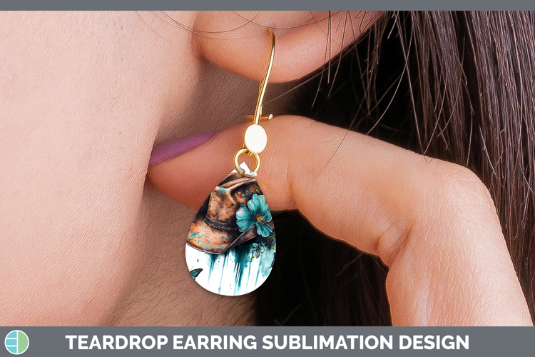 Teal Drips Cowboy Hat Teardrop Earrings Sublimation Earrings