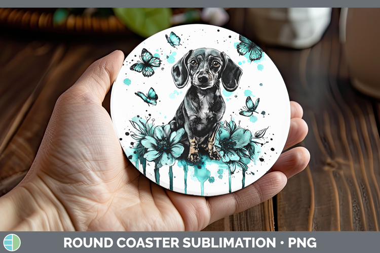 Teal Drips Dachshund Round Coaster Sublimation Coaster Desig