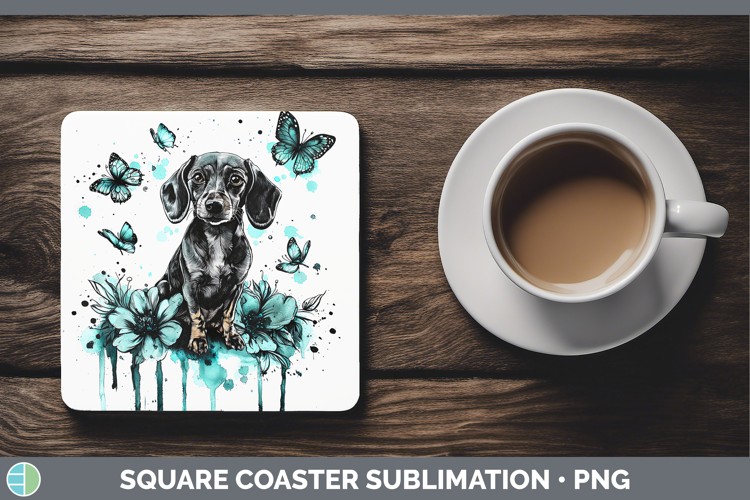 Teal Drips Dachshund Square Coaster Sublimation Coaster Desi