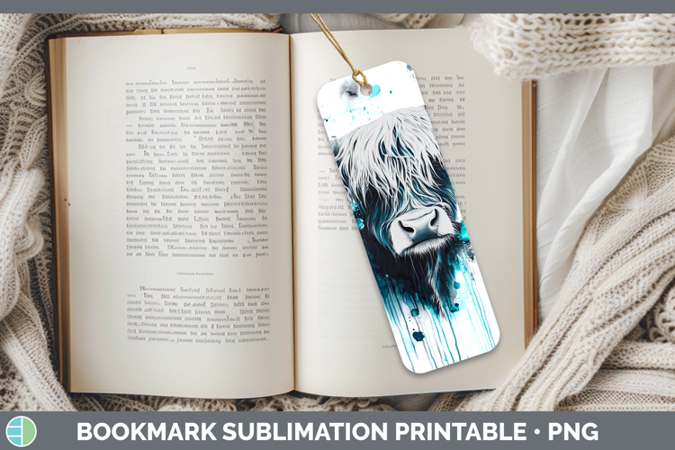 Teal Drips Highland Cow Bookmark Sublimation Printable Desig