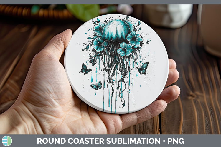 Teal Drips Jelly Fish Round Coaster Sublimation Coaster Desi