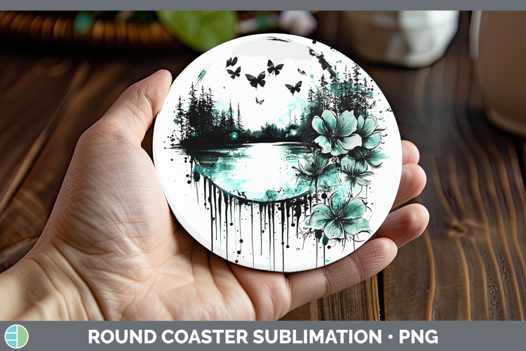 Teal Drips Landscape Round Coaster Sublimation Coaster Desig