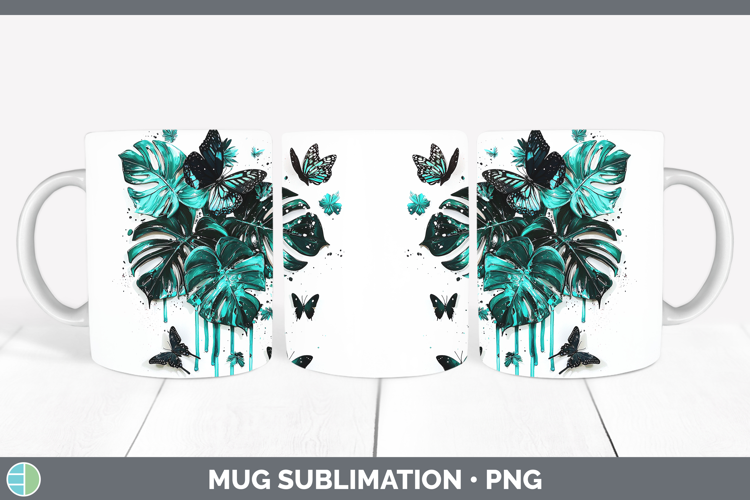 Teal Drips Monstera Mug Wrap Sublimation Coffee Cup Designs