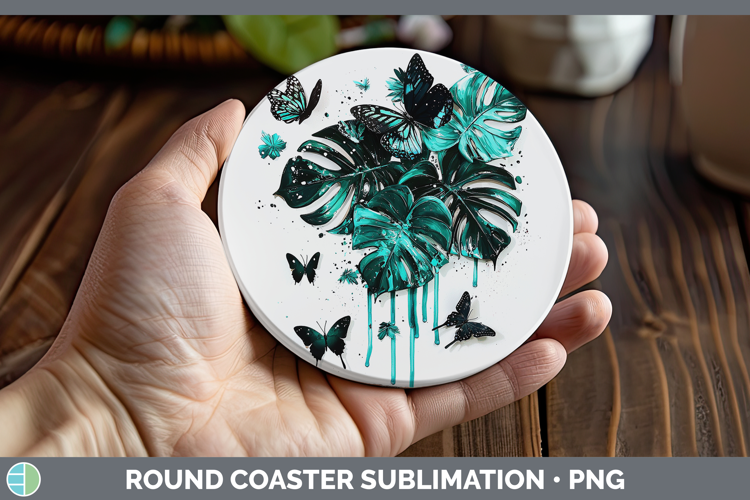 Teal Drips Monstera Round Coaster Sublimation Coaster Design