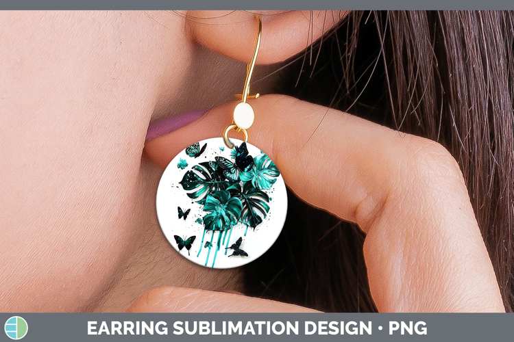 Teal Drips Monstera Round Earrings Sublimation Earrings Desi