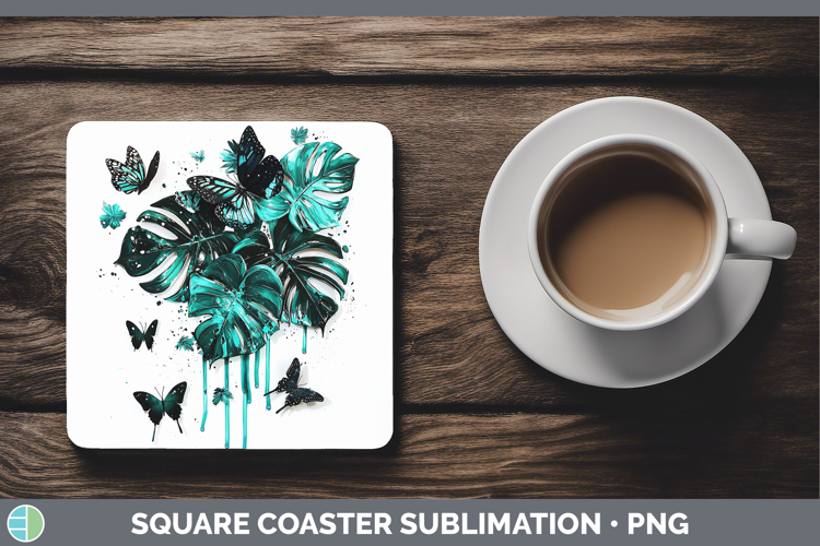 Teal Drips Monstera Square Coaster Sublimation Coaster Desig