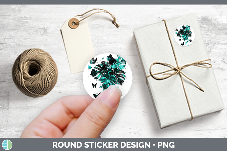 Teal Drips Monstera Stickers | Round Labels Designs