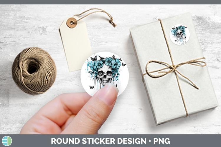 Teal Drips Skull Stickers | Round Labels Designs