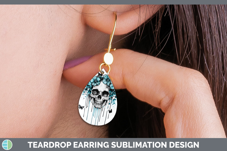 Teal Drips Skull Teardrop Earrings Sublimation Earrings Desi
