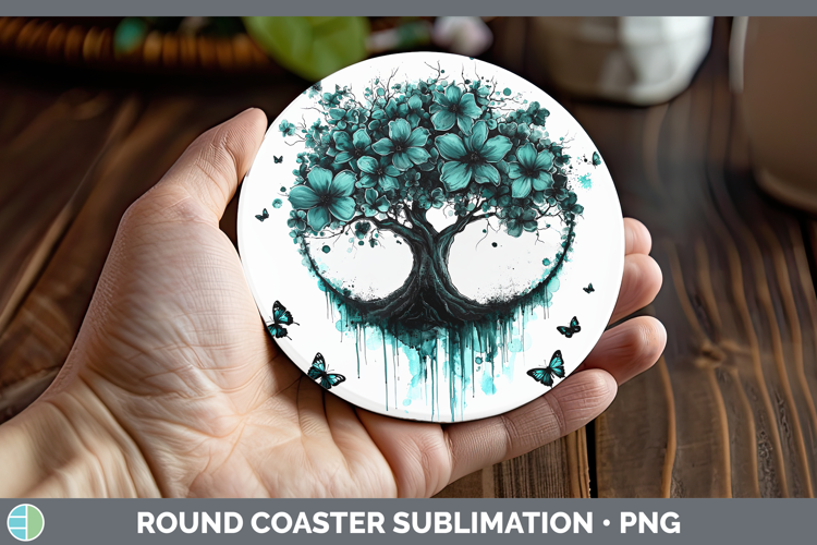 Teal Drips Tree of Life Round Coaster Sublimation Coaster De