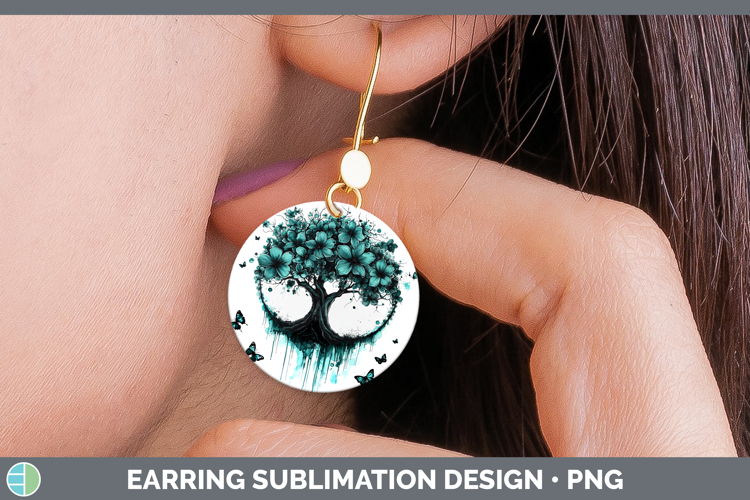 Teal Drips Tree of Life Round Earrings Sublimation Earrings